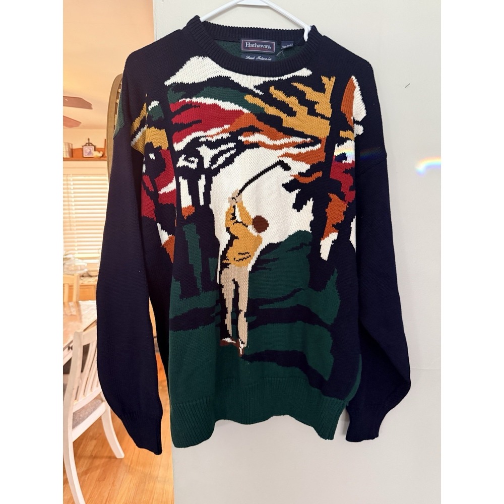 Vintage‎ Hathaway Golf Sweater Men L Navy Hand Intarsia 90s Cotton Knit Pullover